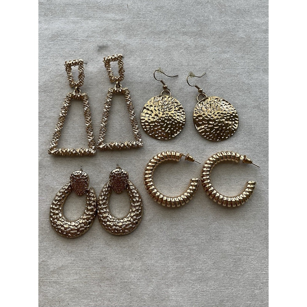 Lot Of 4 Pairs Gold Tone Pierced Earrings Assorted Vintage Estate Jewelry